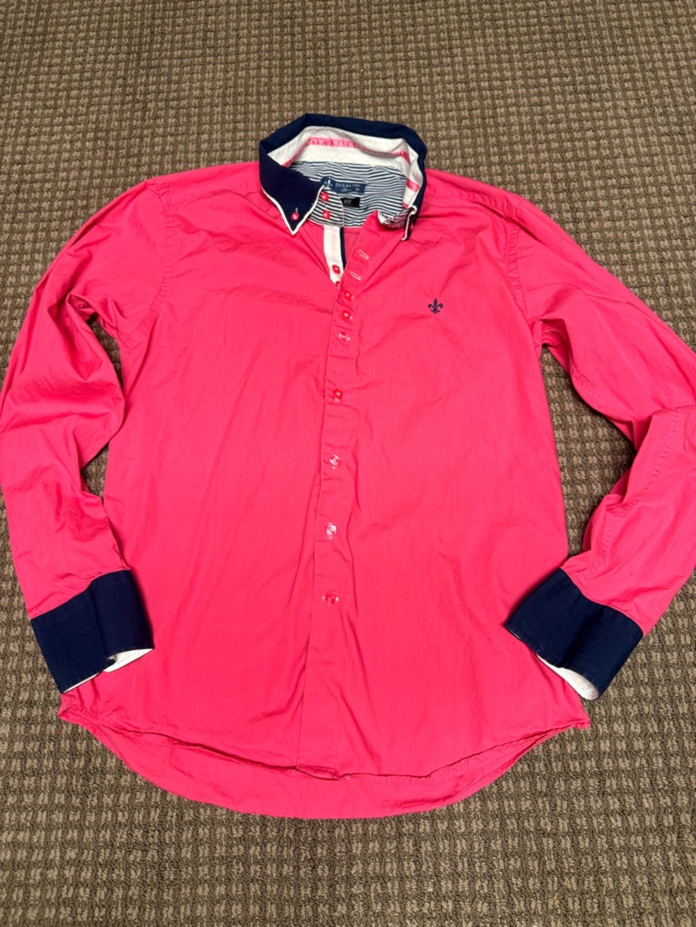 Men's Bright Pink Button-Down Shirt with Contrast Navy Collar